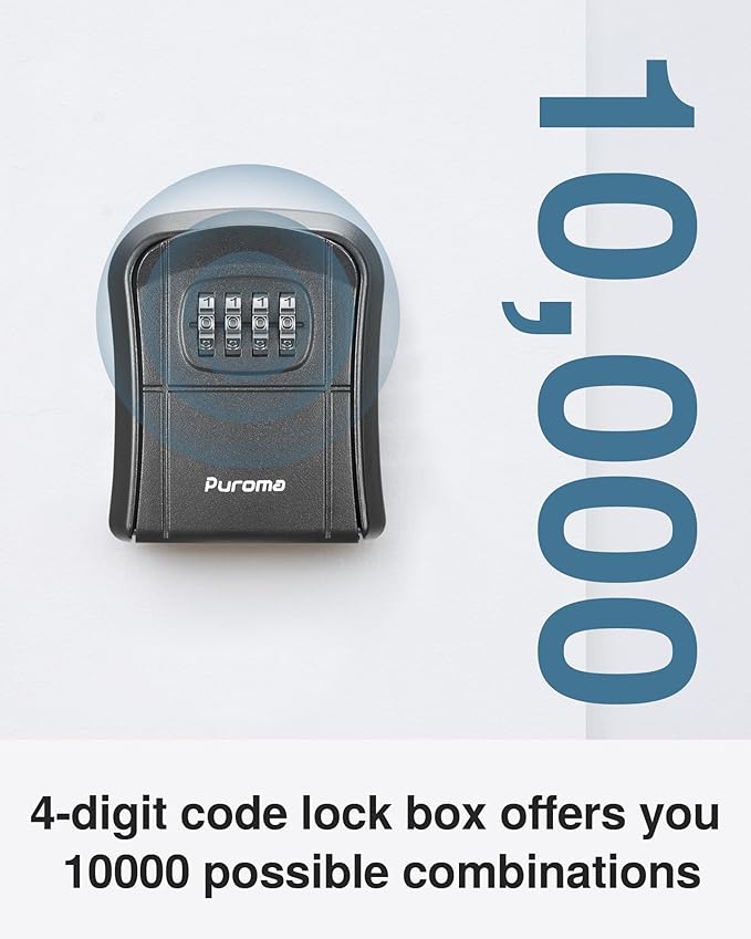 Puroma Key Lock Box Combination Lockbox Wall-Mounted Key Storage Box for House Keys, Resettable Code Safe Security Lock Box for Home, Office, Garage, Apartment Spare Key Storage (1 Pack, Black)