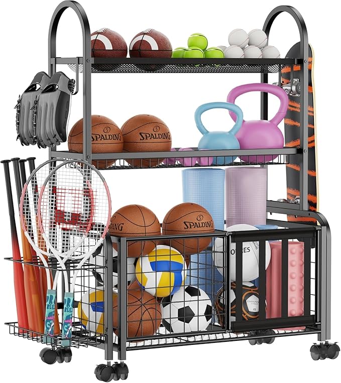 Garage Ball Storage, 2 in 1 Sports Equipment Organizer, Garage Organizer with Basket and Hooks, Individually Movable Rolling Sports Ball Organizer Cart, Black