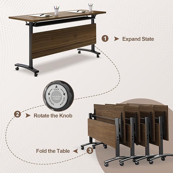 Folding Conference Room Table, Modern Conference Tables with Wheels, Large Rectangular Mobile Training Tables for Office Classroom, Foldable Modular Boardroom Seminar Table Walnut (6pack L70.9in)