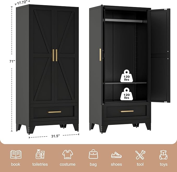 71" Tall Metal Wardrobe Cabinet with Drawer and Hanging Rod, 2 Doors Armoire Wardrobe Closet with Shelf for Bedroom, Office, Laundry Room, Black
