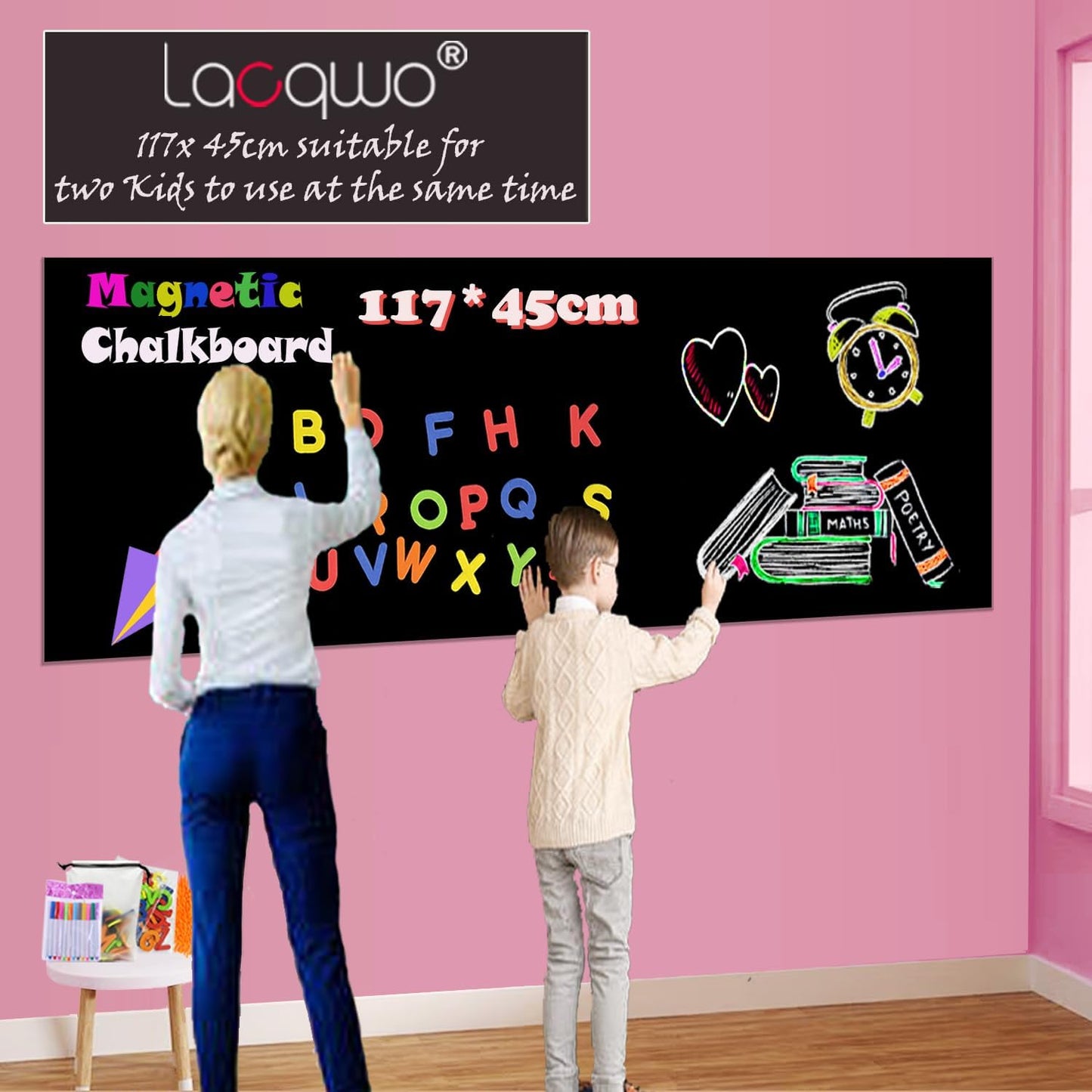 Magnetic Chalkboard Contact Paper for Wall 46.3"x18" Self Adhesive Magnetic Wall Board Sticker with 36 Magnet Letters for Kids Black Chalk Board Wallpaper Roll