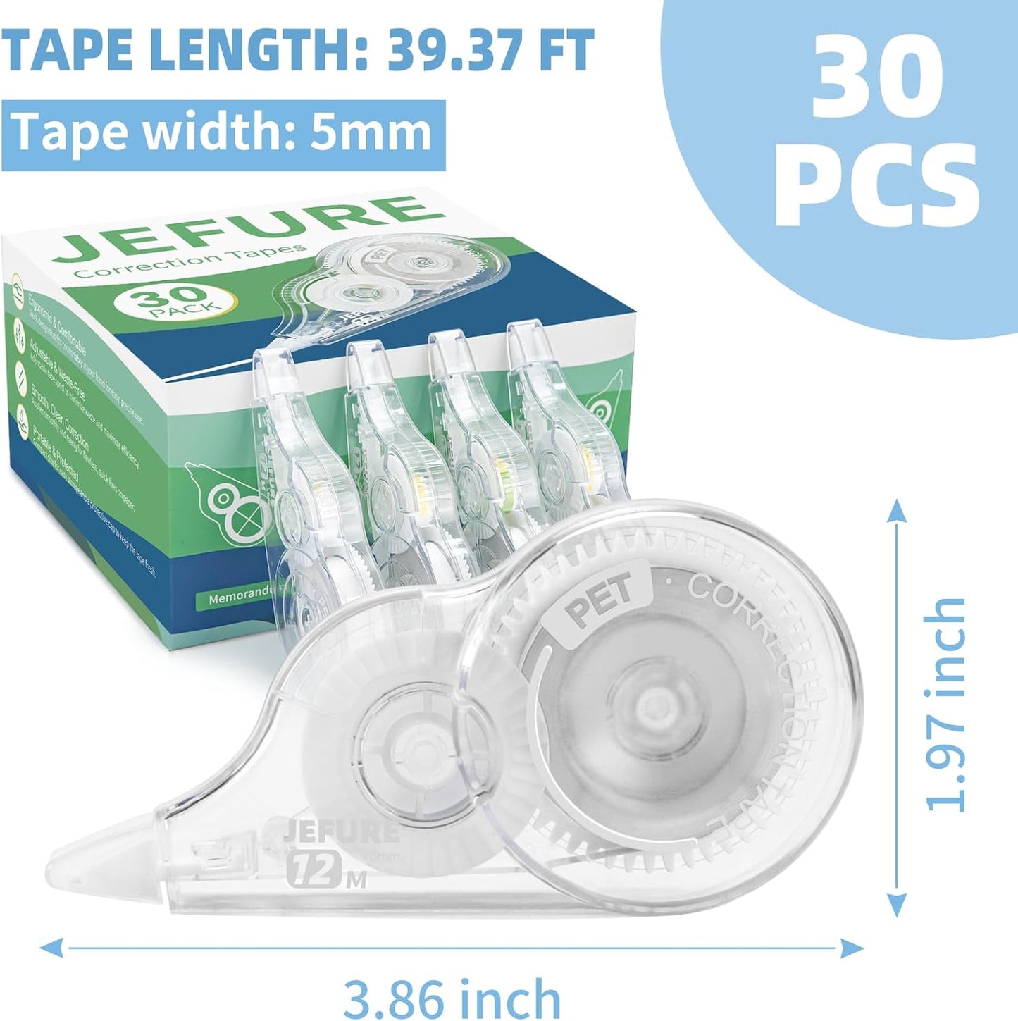 30 Pcs Correction Tape, 39.4 Ft White Wrong Out Tear-Resistant Bulk, Instant Corrections Easy To Use Applicator for School, Office, Note Taking, Journal (Tape Width 0.2 in, Clear)