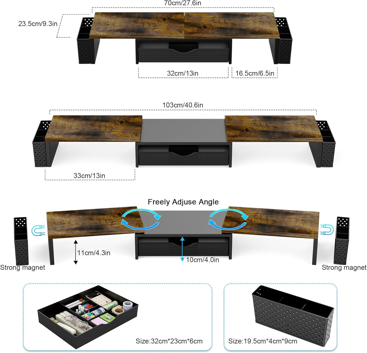 Spacrea Metal Desk Organizers and Accessories, Dual Monitor Stand Riser with Drawer and 2 Pen Holders, Desk Accessories & Workspace Desktop Organizers for Office Supplies (Wood)