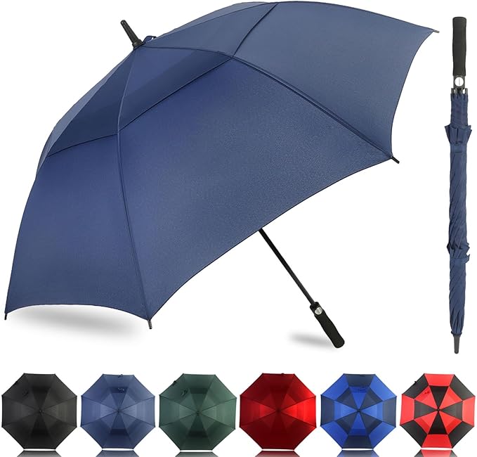 LLanxiry Automatic Open Golf Umbrella 54/62/68/72 Inch, Extra Large Windproof Vented Double Canopy Stick Umbrella, 210T Pongee Waterproof SPF 50+, Fiberglass Ribs, EVA Grip for Golf & Commute