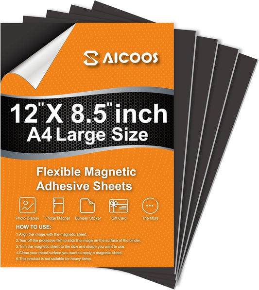 Magnetic Sheets with Adhesive Backing - Easy to Cut Magnet Sheet for Photos, Stickers, Die Storage - A4 Large Size (12" x 8.5") - Extra Strong and Durable Displate Magnets for Fridge, Cabinets (4Pcs)