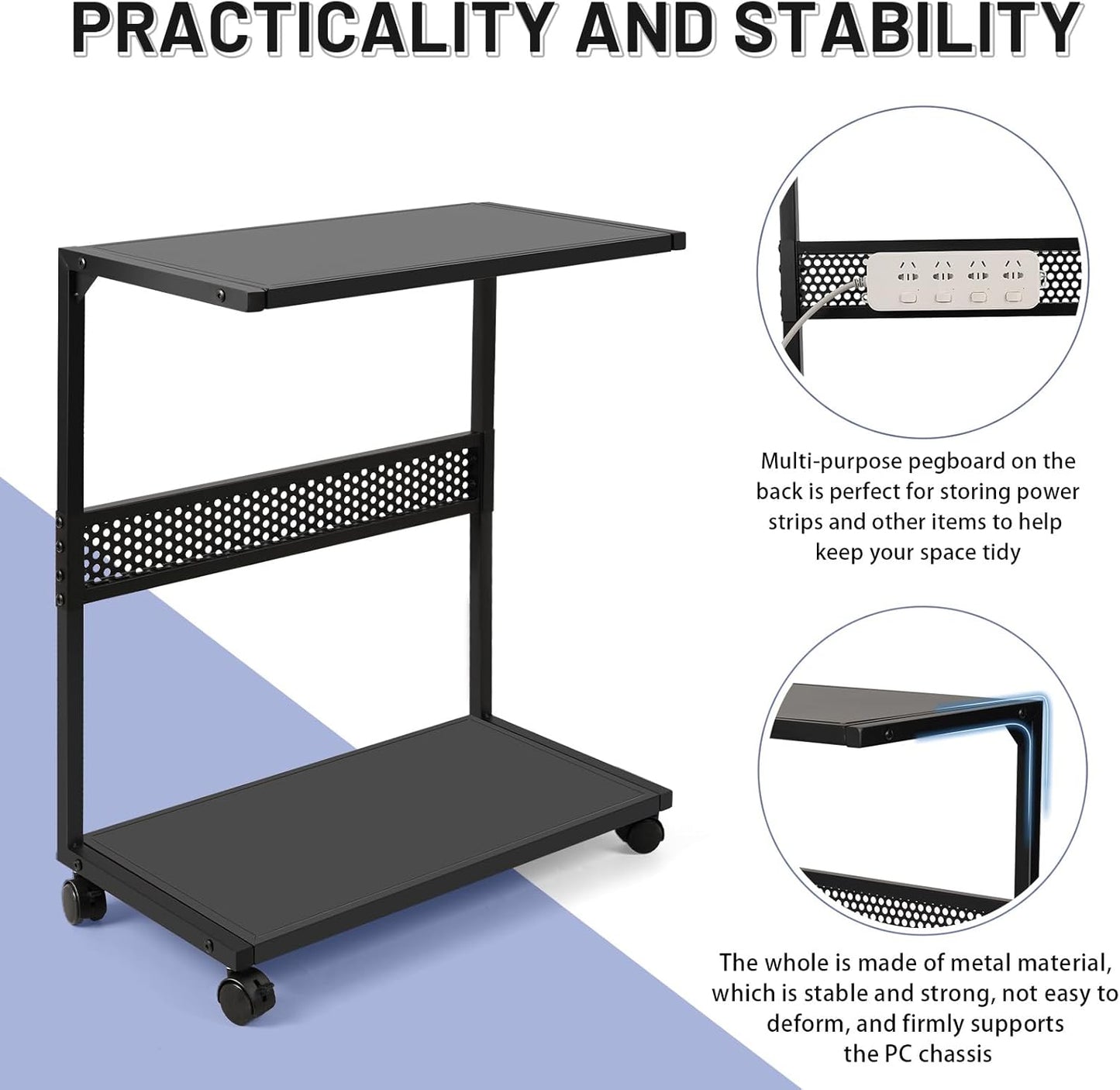 Large PC Stand Computer Tower Stand 2-Tier Metal CPU Holder with Locking Caster Wheels Suitable for Most PC (Black,XL)