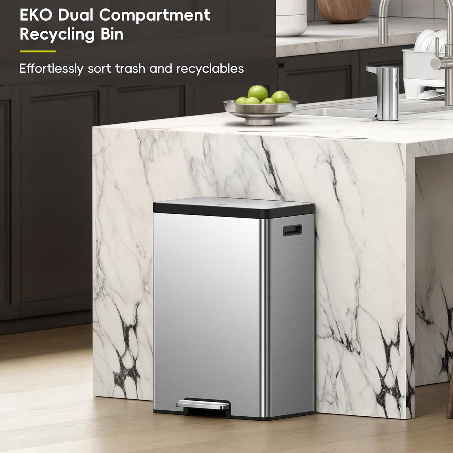 EKO EcoCasa II Rectangular Kitchen Step Trash Can, 20L+20L Dual Compartment Recycling Bins, Stainless Steel Lid and Pedal, Odor-Proof, Fingerprint Resistant