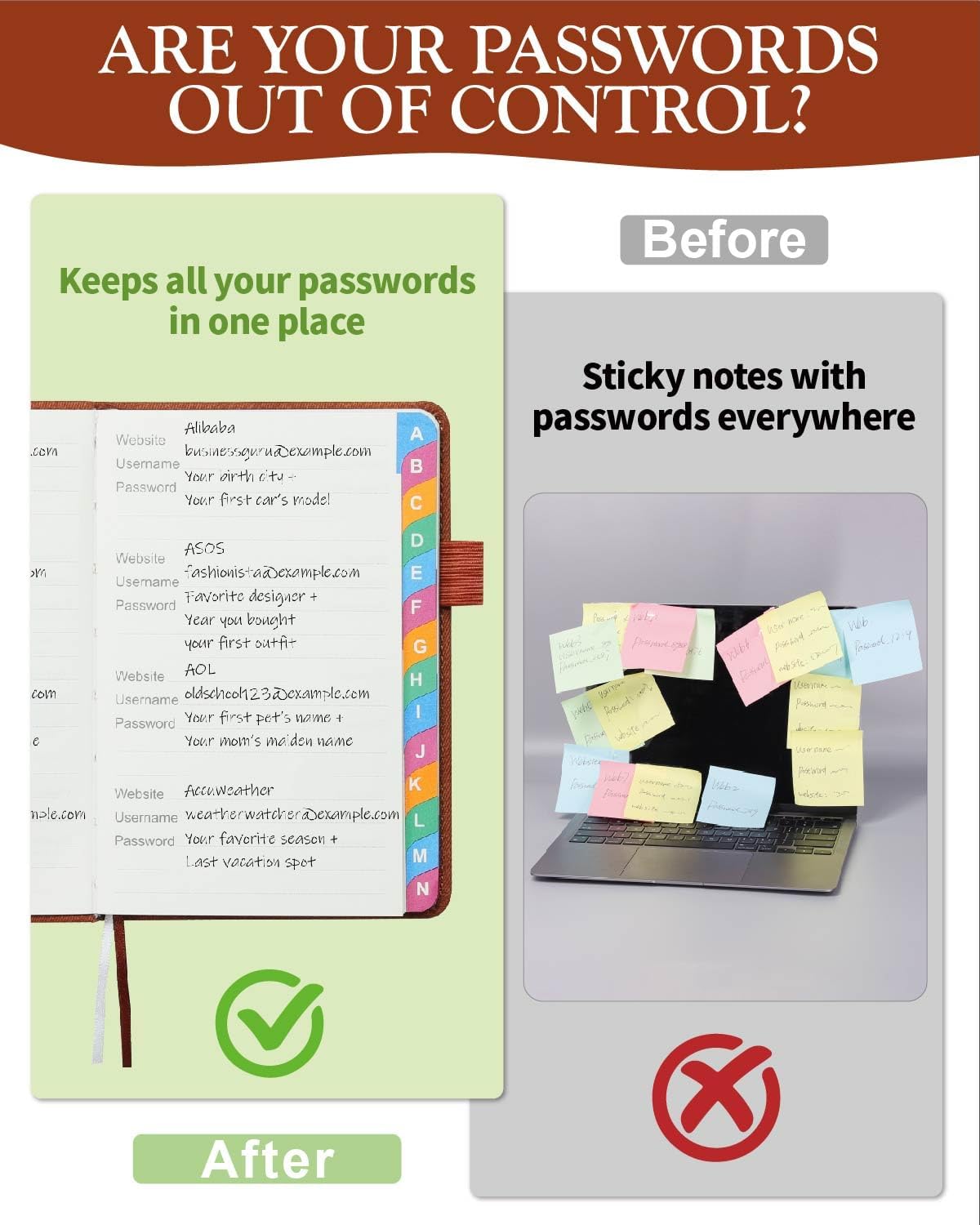 Small Password Keeper Book with Colorful Alphabetical Tabs, Hardcover Password Log-book for Internet Password and Website Address, 4.1"×6.2" Password Notebook for Home Office (Sienna)