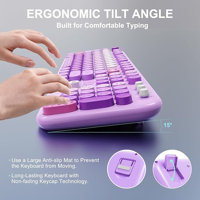 Wireless Keyboard and Mouse Set, 104 Round Keys Full-Size Cute Colorful Keyboard and Mouse with Retro Typewriter for PC/Mac/Laptop/Tablet/Computer/Windows Purple