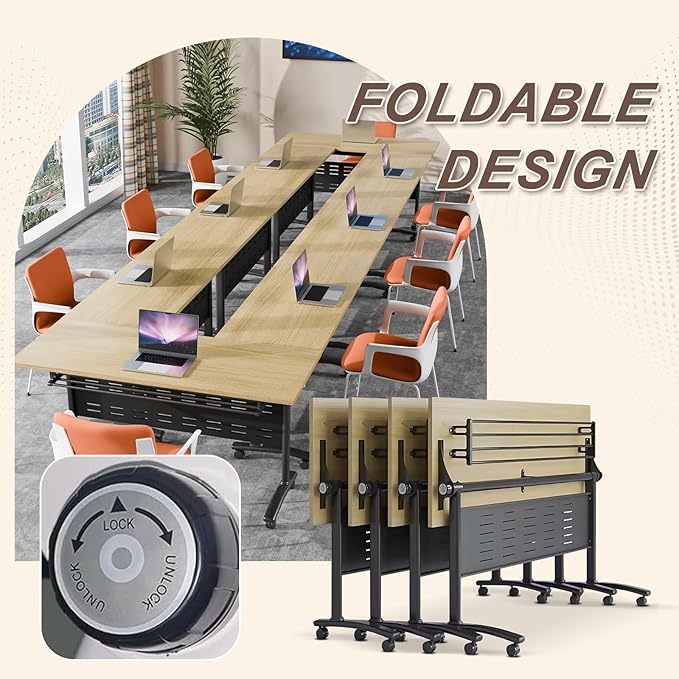Folding Conference Room Table, Modern Conference Tables with Wheels, Large Rectangular Mobile Training Tables for Office Classroom, Foldable Modular Boardroom Seminar Table Maple (10pack L63in)