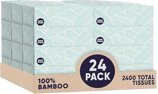 Bamboo Facial Tissues -24 Boxes- Bamboo Tissue Boxes, 90 Hypoallergenic Facial Tissues per Box - Unscented, Fragrance-Free, Eco-Friendly Tissues in Plastic-Free Packaging