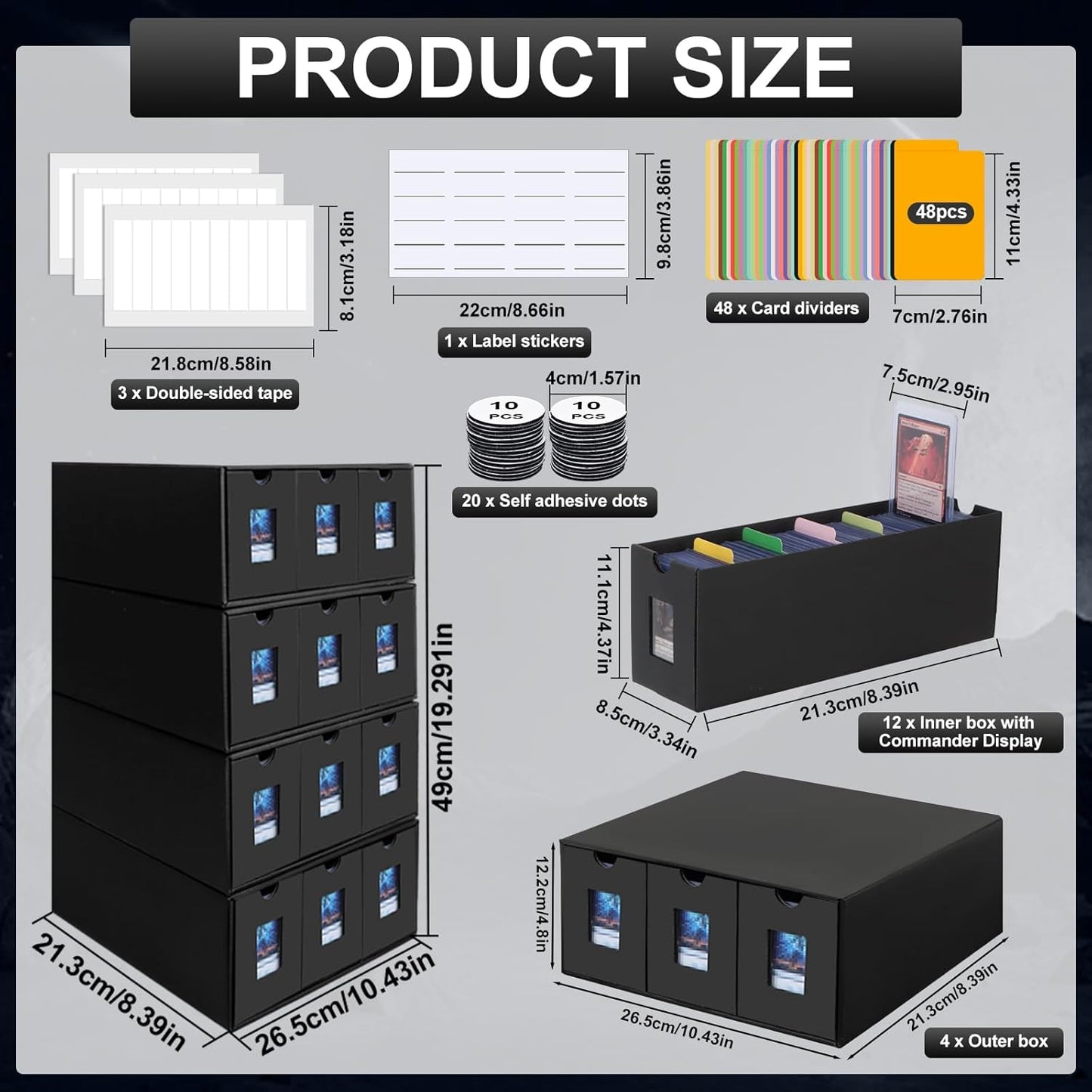 7200+ Card Storage Box, 1300+ Toploader Storage Box for Commander Display,with 48 Dividers, Labels & Tapes,Fit for TCG, PTCG, MTG
