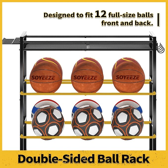 SOYEEZE Sports Equipment Organizer- Ball Storage for Garage,4 Tiers Outdoor Toy Storage,Soccer Racks,Basketball Shooting Training Stand Cart with Wheels and Hooks for Home-School and Gym Use