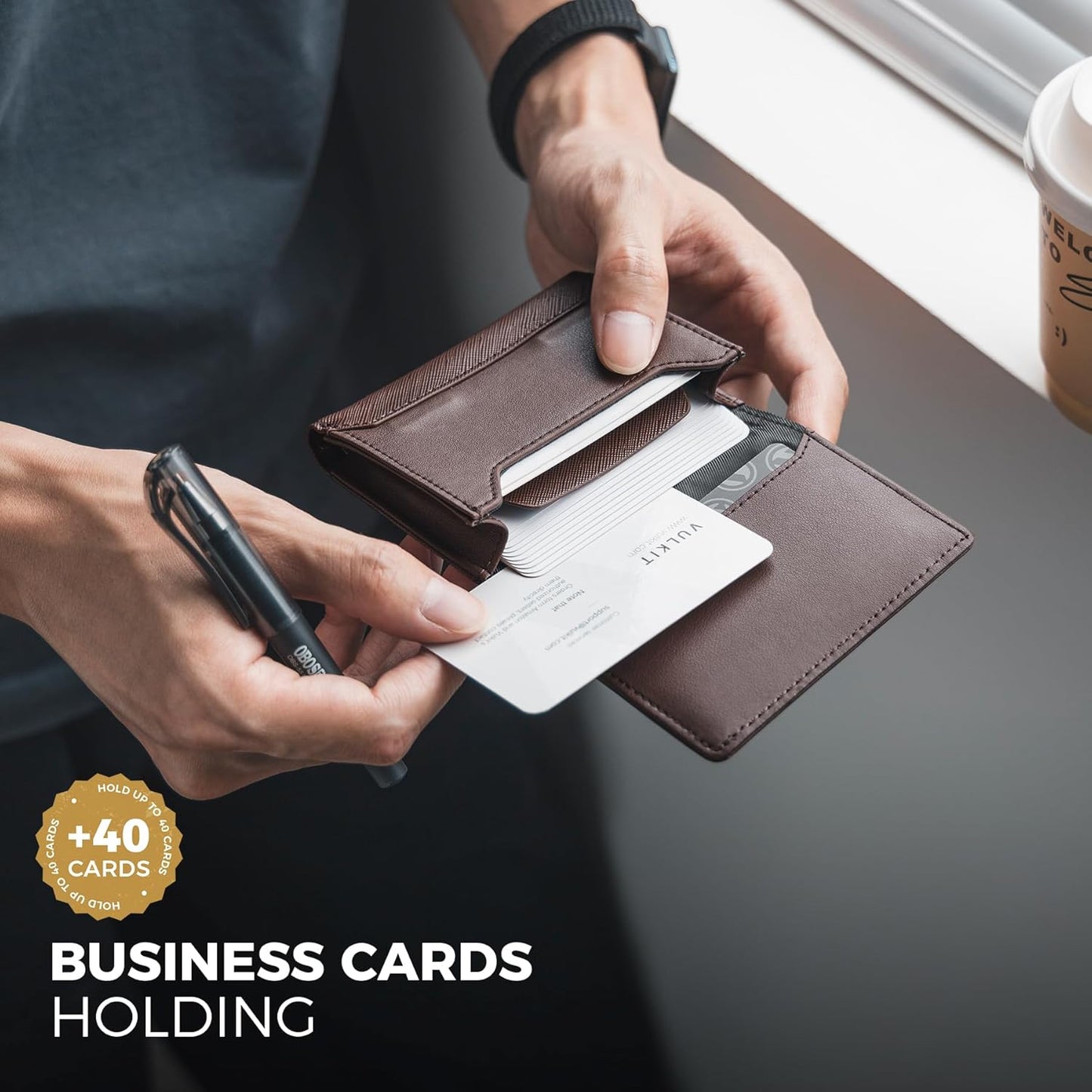 Real Leather Business Card Holder Premium RFID Blocking Card Case with ID Window and Magnetic Closure Holds Up to 40 Business Cards (Espresso)