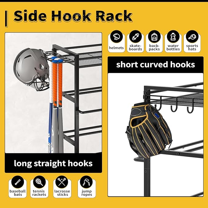 SOYEEZE Garage Sports Equipment Organizer-Large 5 Layer Ball Storage, Basketball Stand Holder, Outdoor toy storage, Baseball Bat Rack, Rolling Ball Cart with Hooks and Wheels for Indoor/Outdoor Use