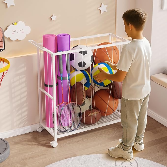 Ball Storage Bin Rolling Sports Ball Cart, Metal Garage Organizer Sport Rack, Ball Basket Storage, Ball Cage for Garage or Gym, Indoor & Outdoor Sports Equipment Organizer white