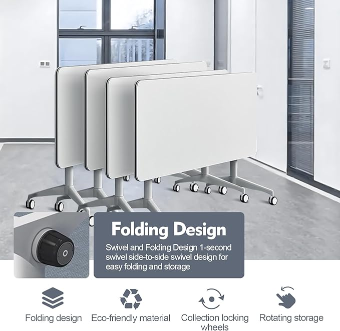 Folding Conference Room Table, Modern Mobile Training Table with Wheels, White Foldable Seminar Meeting Tables for Office Corporations (4pack 47.2in)