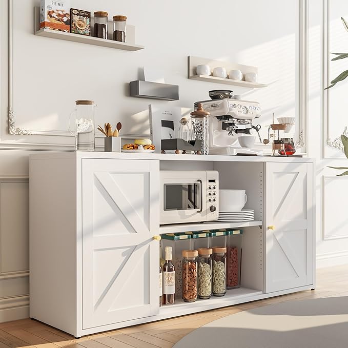 Metal Storage Cabinet with 2 Barn Doors,Farmhouse Sideboard Buffet Cabinet,Pantry Storage Cabinets with Drawers and Shelves, Coffee Bar for Kitchen, Dining Room,Living Room,White TV Stand