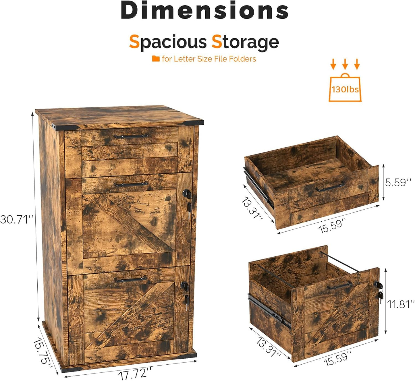 VINGLI 3 Drawer File Cabinet with Lock, Home Office Filing Organizer, for Letter Size File Folder Storage, Modern Farmhouse Style, Wood Vertical Filing Cabinet, Archivador (Rustic Brown)