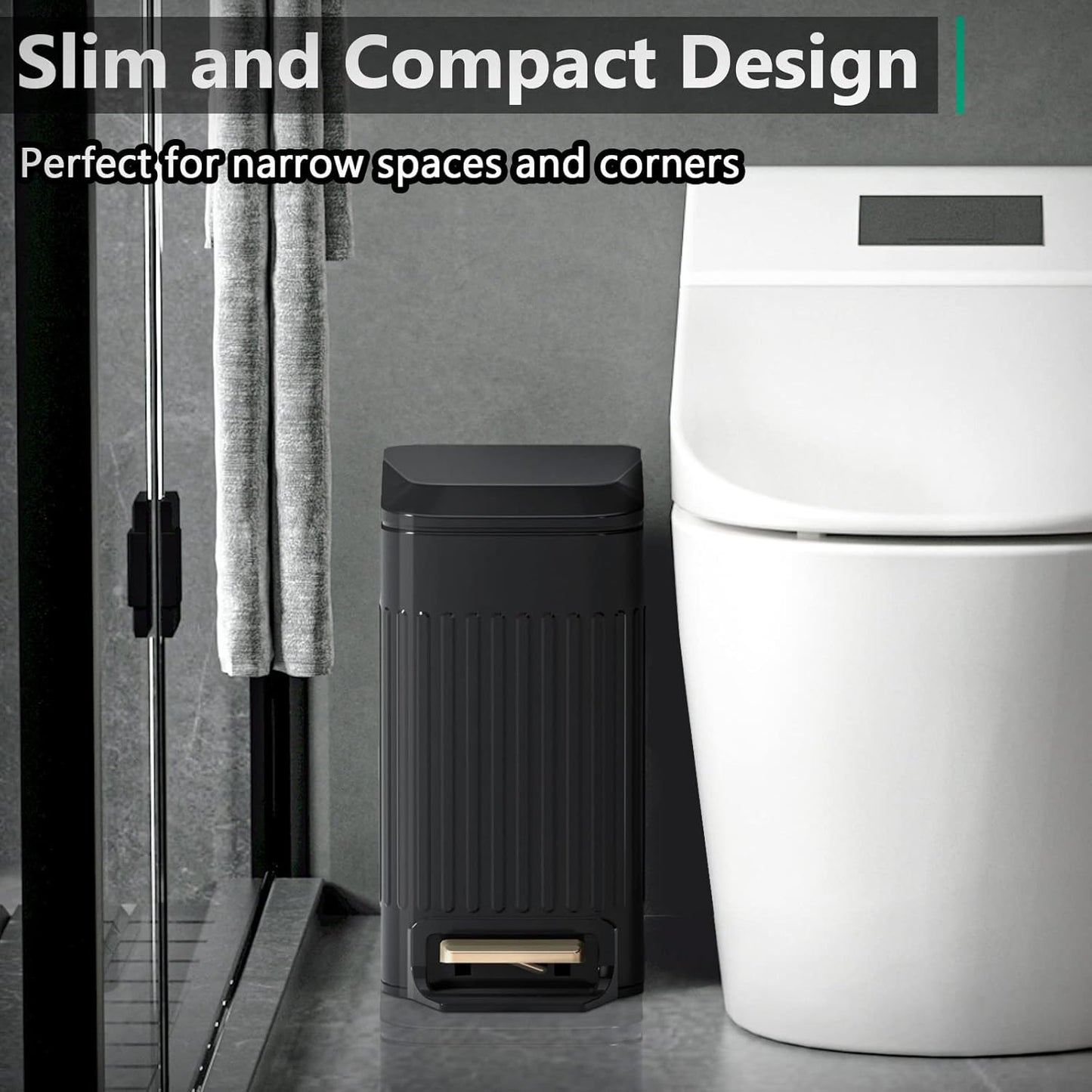 Small Bathroom Trash Can with Lid Soft Close-6L/1.6 Gal Slim Step Garbage Can-Metal Pedal Wastebasket-Narrow Rectangle Garbage Container Bin for Corner Office, Bedroom, Toilet, Live Room-Black