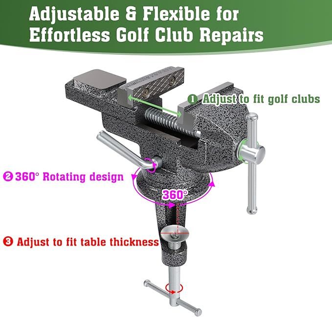 All-in-One Golf Grip Kit for Regripping Golf Clubs, 360° Swivel Portable Table Vise Rubber Clamp Golf Grip Removal Tool with Golf Grip Replacement Tape and Solvent, Golf Club Regripping Kit