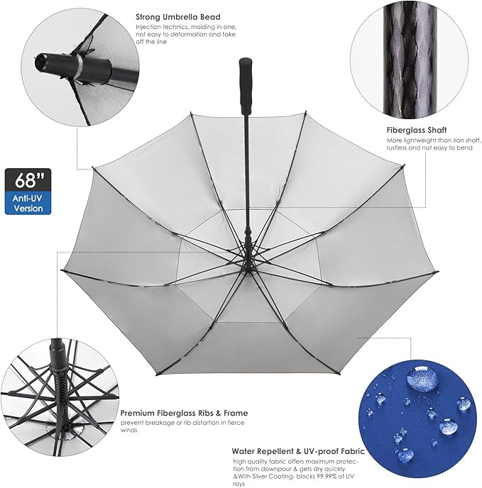 ZEKAR 54/62/68 inch Windproof Large Vented UV Protection and Classic Pongee Fabric Golf Umbrella, Double Canopy Rain Sun Oversized Stick Umbrellas Women Men