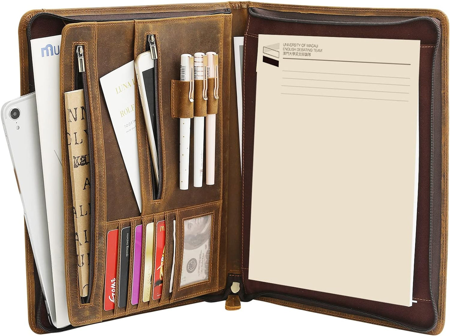 Ringsun Genuine Leather Portfolio with Zipper for Men Women, Padfolio Business Resume A4/Pad, Folder Organizer, Brown, RS01