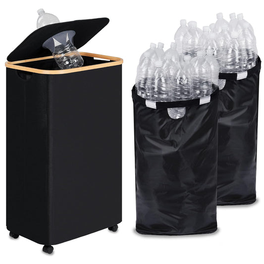 Recycling Bin for Kitchen, Indoor Home Recycle Bins with Wheel, 29 Gallons Large Recycling bin with 2 Removeable Reusable Inner Bags, for Bottles Cans Glass Plastice Cartons(Black)