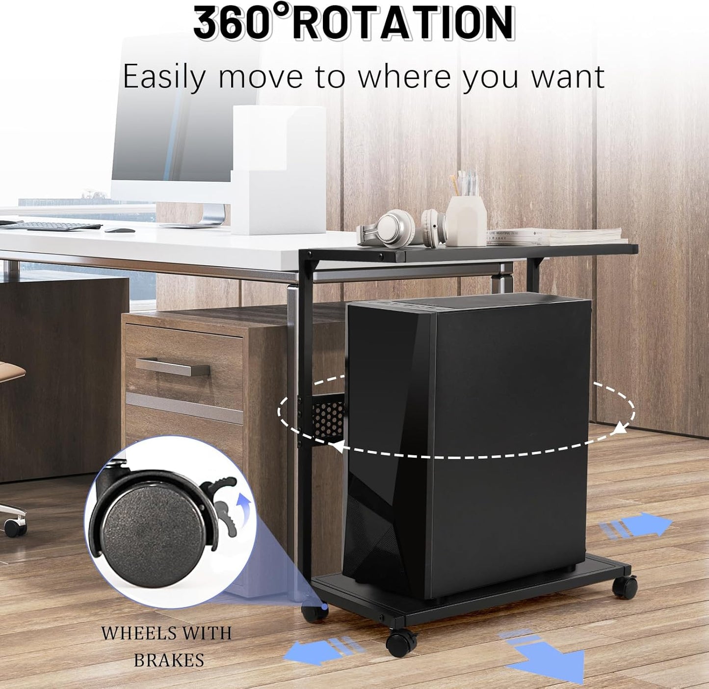 Large PC Stand Computer Tower Stand 2-Tier Metal CPU Holder with Locking Caster Wheels Suitable for Most PC (Black,XL)