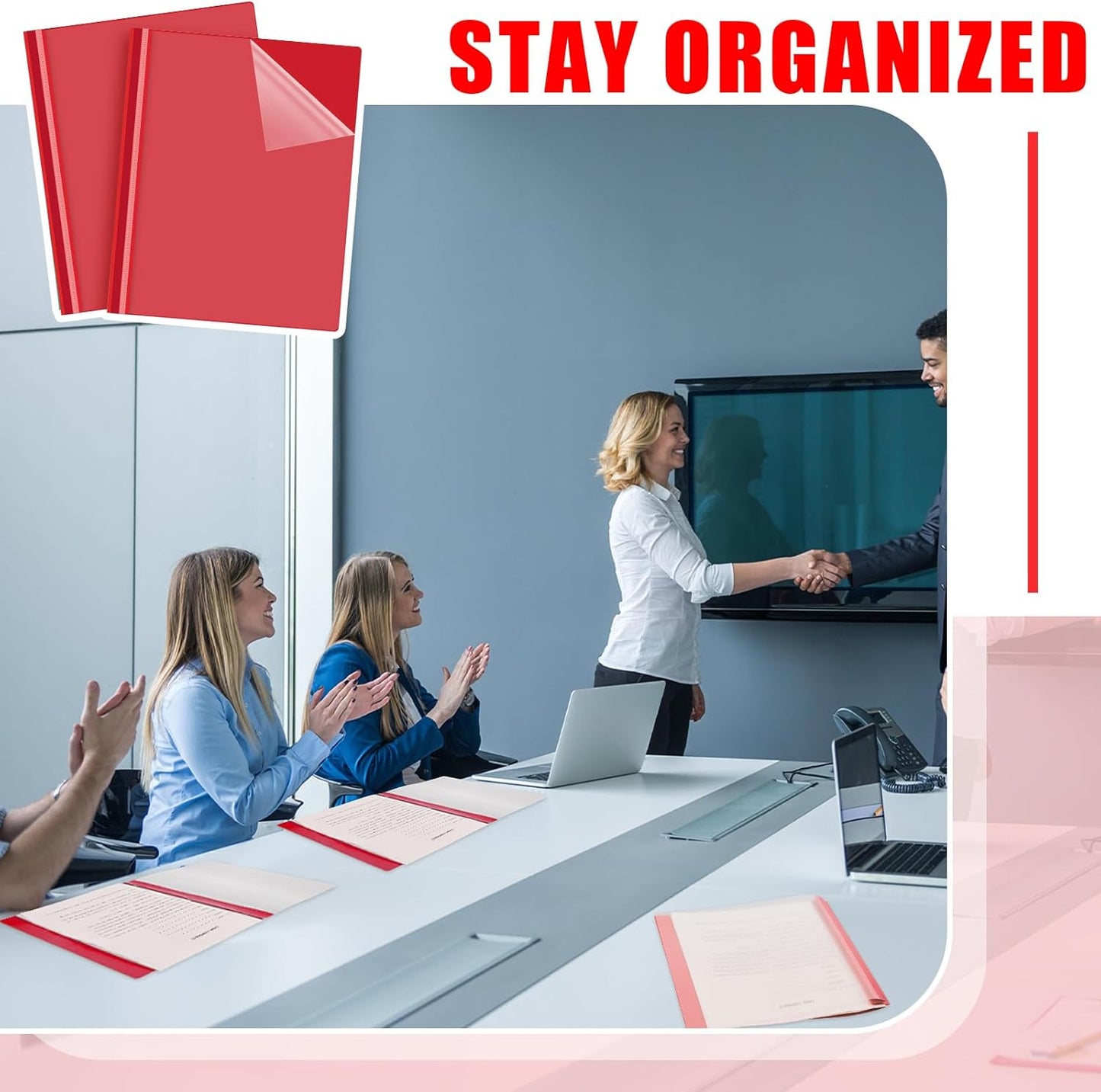 Teling 48 Pcs Clear Front Report Covers with Prongs Plastic Presentation Folders 3 Prong Resume Portfolio Folder for School(Red)