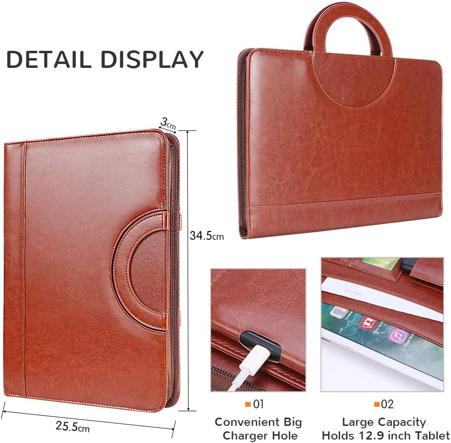 Darolin Zippered Leather Padfolio Portfolio with Hidden Handle and Clipboard, Business Conference Organizer Notepad Folder, Portfolio Bag, Padfolio for Women/Men (Brown)