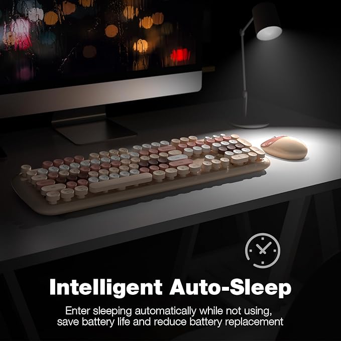 MOFII Wireless Keyboard and Mouse Combo, Full-Sized Colorful Typewriter Keyboard with Round Keycaps, 2.4G Cute Mouse Compatible with PC/Laptop/Computer,Milk Tea Color