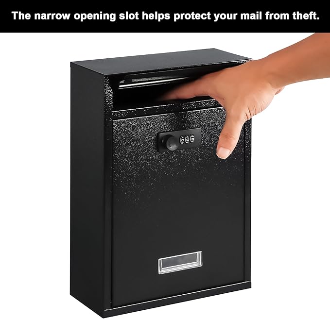 KYODOLED Locking Wall Mount Mailbox, Mail Boxes with Combination Lock for Outside, Security Drop Box with Code,12.4H x 8.54L x 3.35W Inches, Black