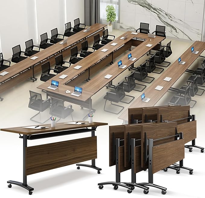 Folding Conference Room Table, Modern Conference Tables with Wheels, Large Rectangular Mobile Training Tables for Office Classroom, Foldable Modular Boardroom Seminar Table Walnut (6pack L55.1in)