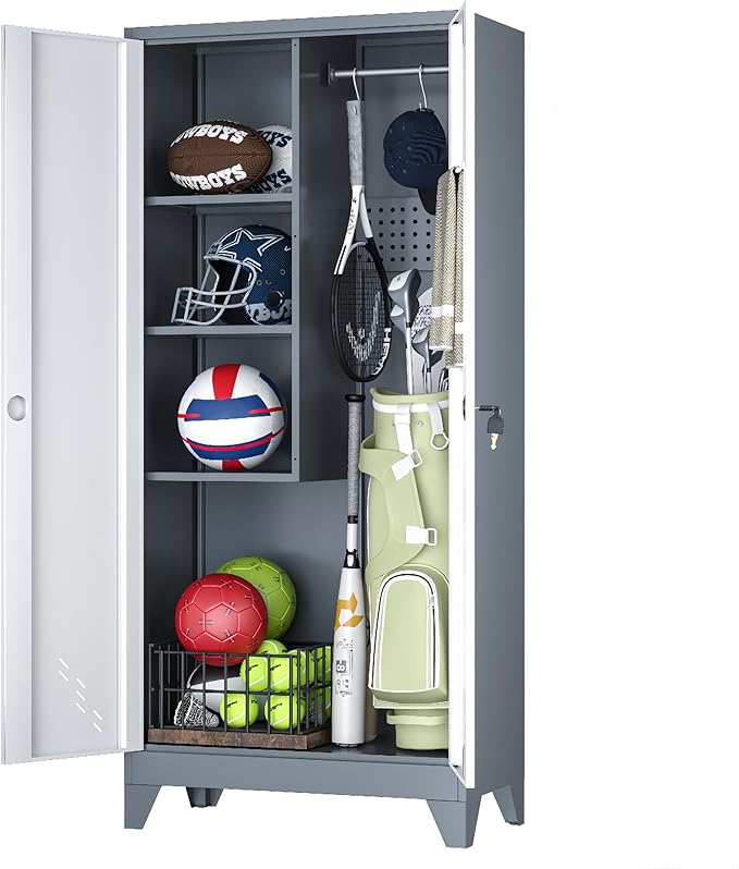 Golf Bag Storage Cabinet for Garage, Metal Golf Bag Organizer with Lockable Doors, 61" Sports Equipment Organizer for Garage, Home, Office, Gym