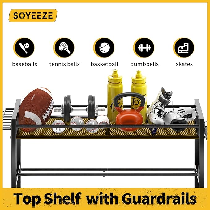 SOYEEZE Garage Sports Equipment Organizer-Large 5 Layer Ball Storage, Basketball Stand Holder, Outdoor toy storage, Baseball Bat Rack, Rolling Ball Cart with Hooks and Wheels for Indoor/Outdoor Use
