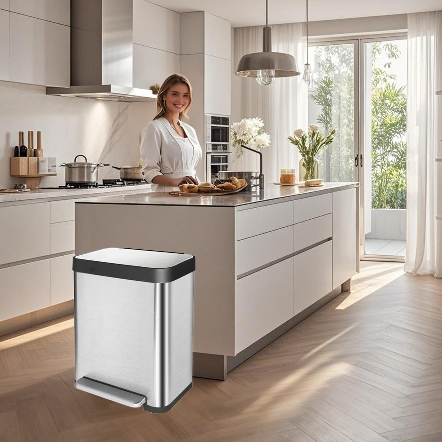 10 Gallon Stainless Steel Trash Can with Removable Inner Bucket, Soft Close Lid, and Hands-Free Foot Pedal - Modern Kitchen Waste Bin