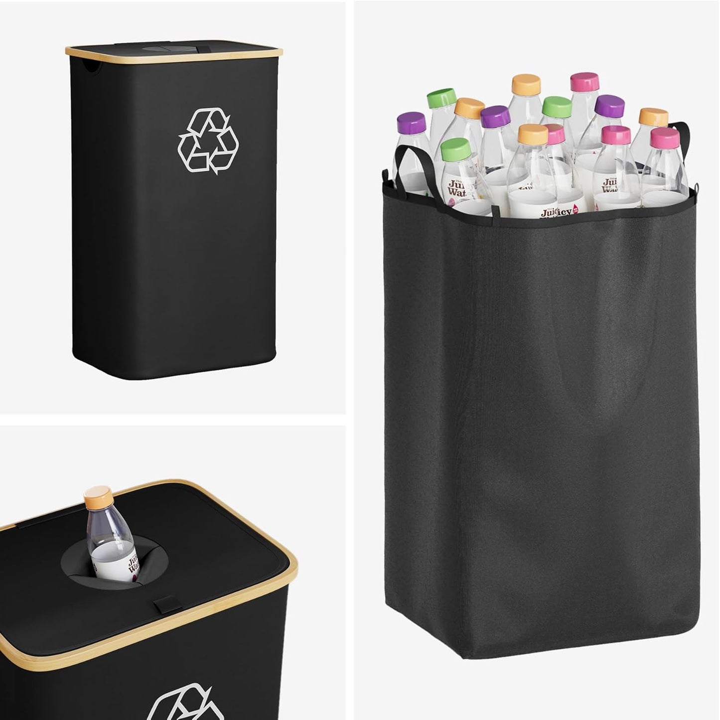 SpaceAid Recycling Bin for Kitchen 26 Gallon, 100L Recycle Bin with Lid and 2 Reusable Inner Bags, for Bottle Can Glass Plastic Stickers, Black