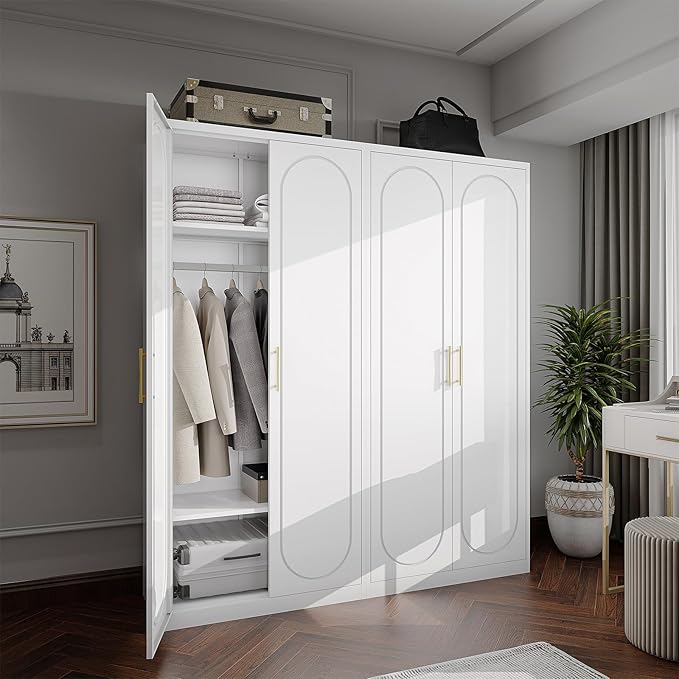 Metal Wardrobe Cabinet for Hanging Clothes, 71" Tall Armoire Wardrobe Closet with Hanging Rod, White Clothing Storage Cabinet with Doors and Shelves, Large Closet for Bedroom-Assemble Required