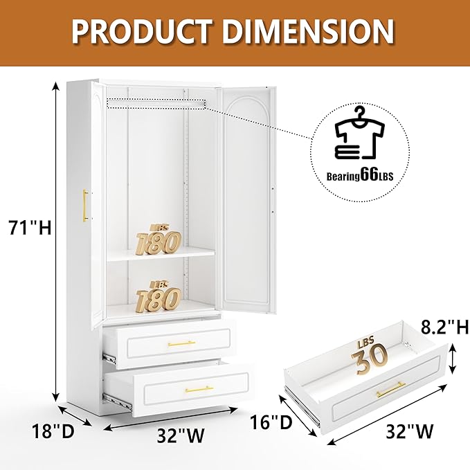 Metal Armoire Wardrobe Closet witih Two Drawers, 71" Tall Large Wardrobe Cabinet with Hanging Rod, Clothing Storage Cabinet with Doors and Shelves for Bedroom, White, Assemble Required