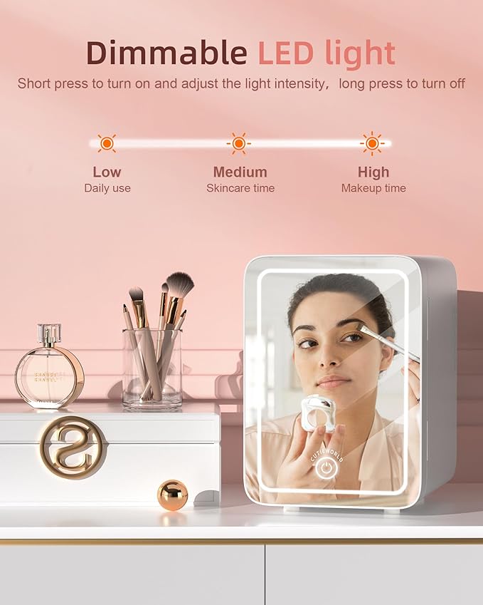 Skincare Fridge With Dimmable LED Light Mirror, 4L Makeup Mini Fridge for Bedroom, Car, Office & Dorm, Cooler & Warmer, Portable Small Refrigerator for Cosmetics, Skin Care and Food, White