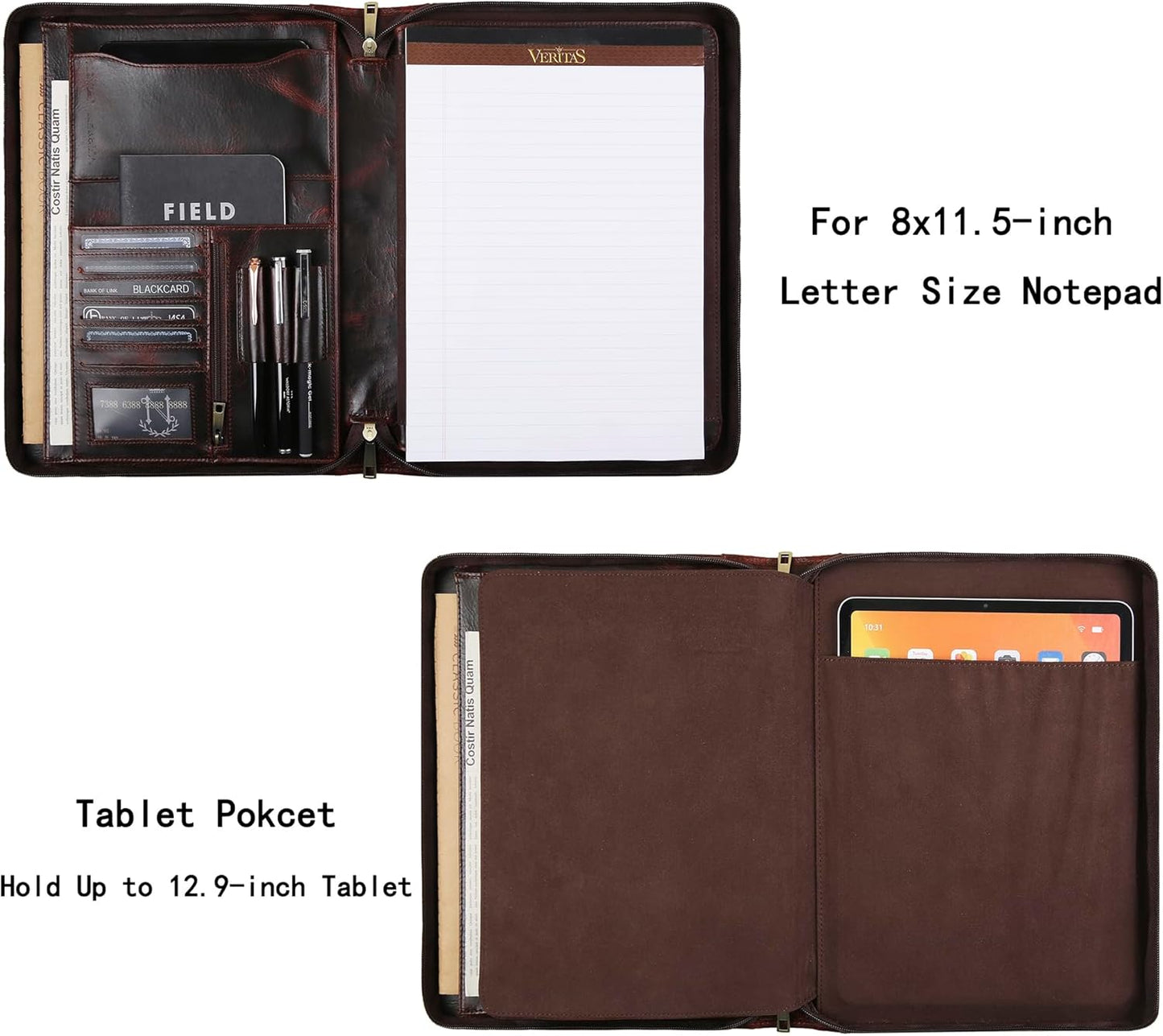 Personalized Leather Portfolio Organizer for IPad/Document, Business Padfolio with A4 Leather Notepad Holder, Custom Leather Compact Folder Conference Portfolio for Men and Women, Oil-Red Brown