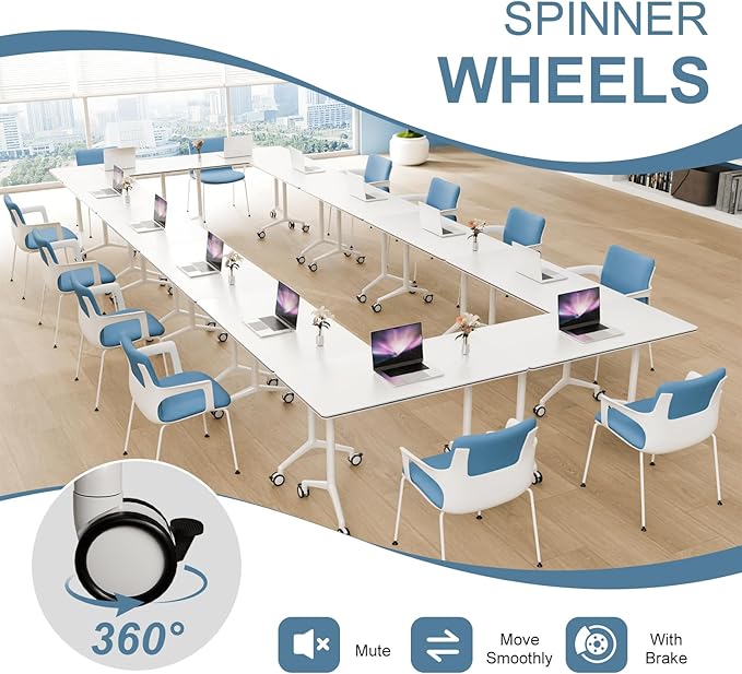 6Pack Folding Conference Room Table, Modern Conference Tables with Silent Wheels, Large Rectangular Mobile Training Tables for Office Classroom, Foldable Modular Seminar Table White (L55.1in)