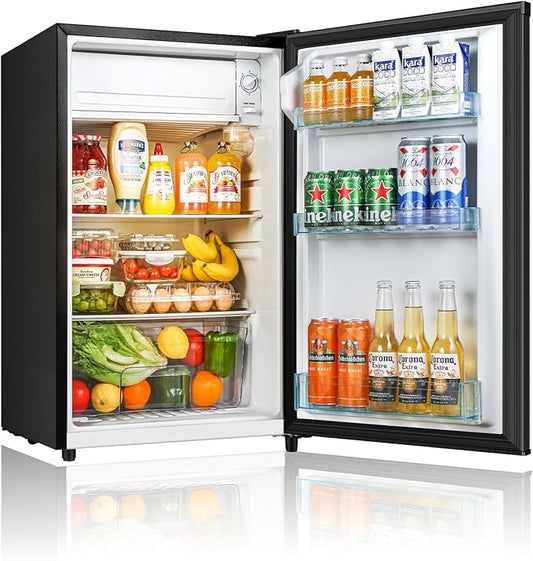 Seaoola Mini Fridge with Freezer, Single Door 4.4 Cu.Ft, Compact Mini Refrigerator, LED Light, Adjustable Thermostat, Removable Glass Shelves, Small Refrigerator for Dorm/Office/Bedroom(Black)