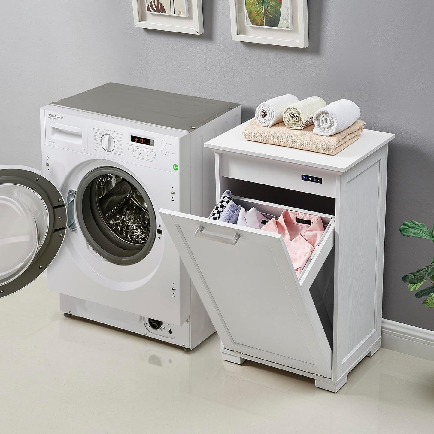 OLD CAPTAIN Tilt-Out Laundry Sorter Cabinet/Wooden Tilt Out Trash Cabinet, with Negative ion and deodorizing Function to Ensure The Cleanliness of The Kitchen Trash can(White)…