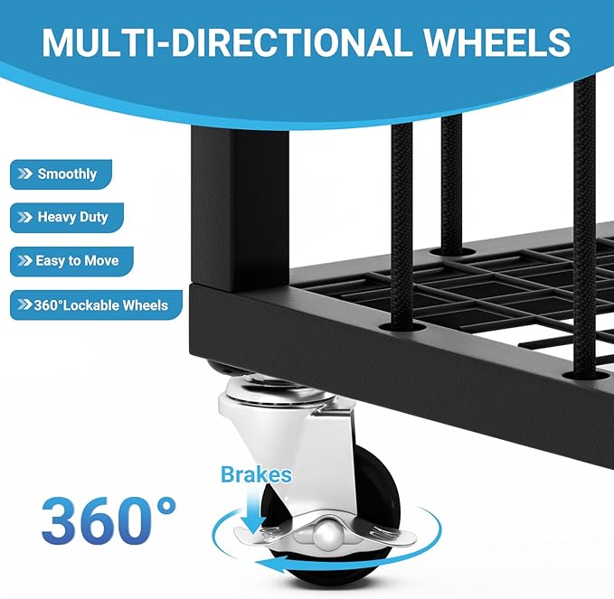 Ball Sports Organizer Storage Cart, Garage Metal Rolling Bin with Thicker Elastic Rope, Ball Holder Rack with Wheels for Volleyball, Basketball, Football, Toys, Gym, Outdoor & Indoor Equipment Storage