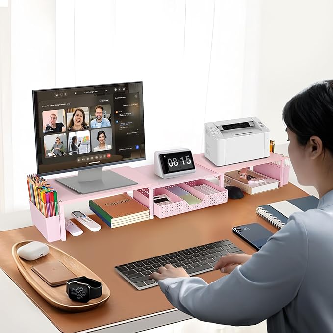 Desk Dual Monitor Stand Riser - Wood Desk Organizer with Drawer and Pen Holders, Office Desk Accessories & Workspace Organization, Computer Monitor Stand for Laptop Printer, Girl Pink