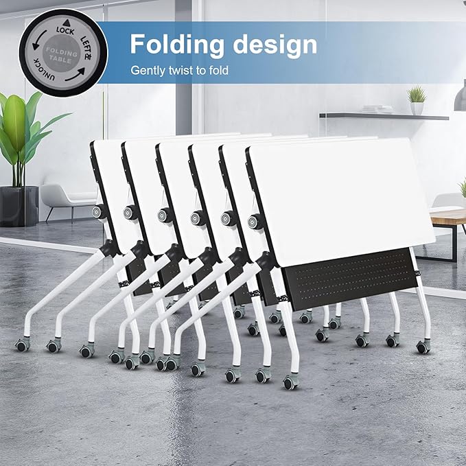 Conference Table, Folding Conference Room Tables, Mobile Training Tables with Silent Wheels, Large Rectangular Modular Seminar Table Office Computer Desks for Classroom White (4Pack L63in)