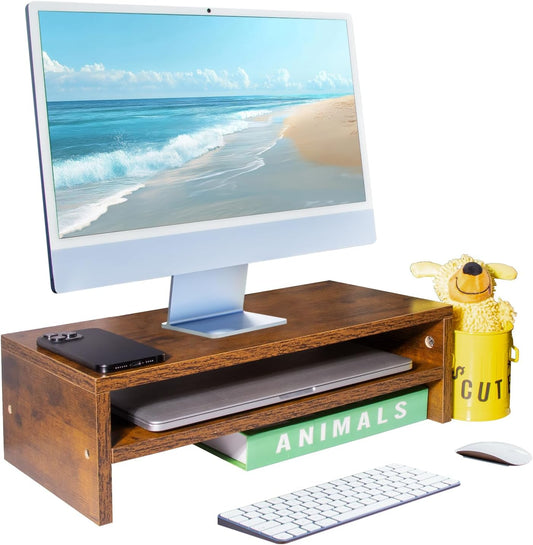 Monitor Stand Riser, 2 Tier Computer Stand, Desk Organizers and Accessories, Desktop Shelf with Storage for TV Screen PC Printer (Rust Brown-18.9inch)