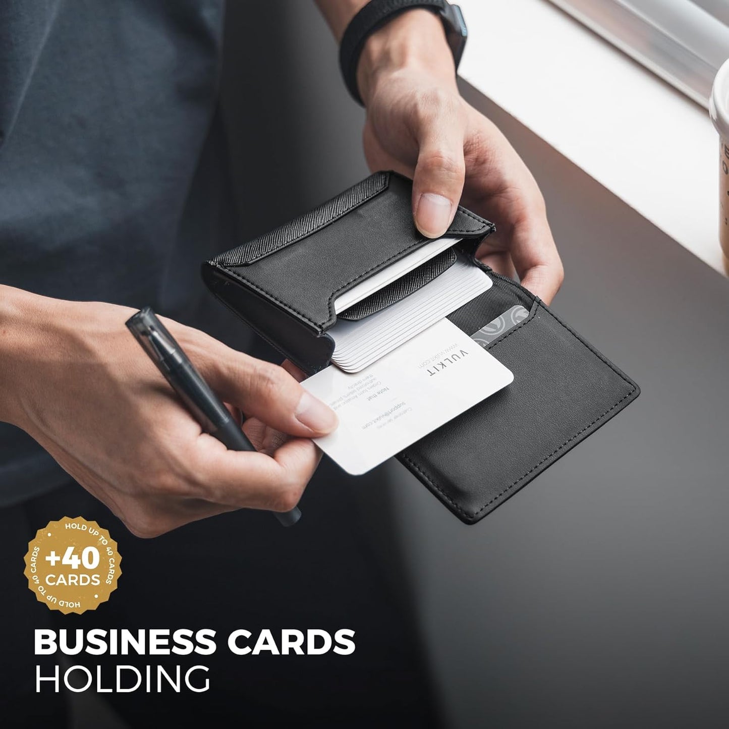 Real Leather Business Card Holder Premium RFID Blocking Card Case with ID Window and Magnetic Closure Holds Up to 40 Business Cards (Black)